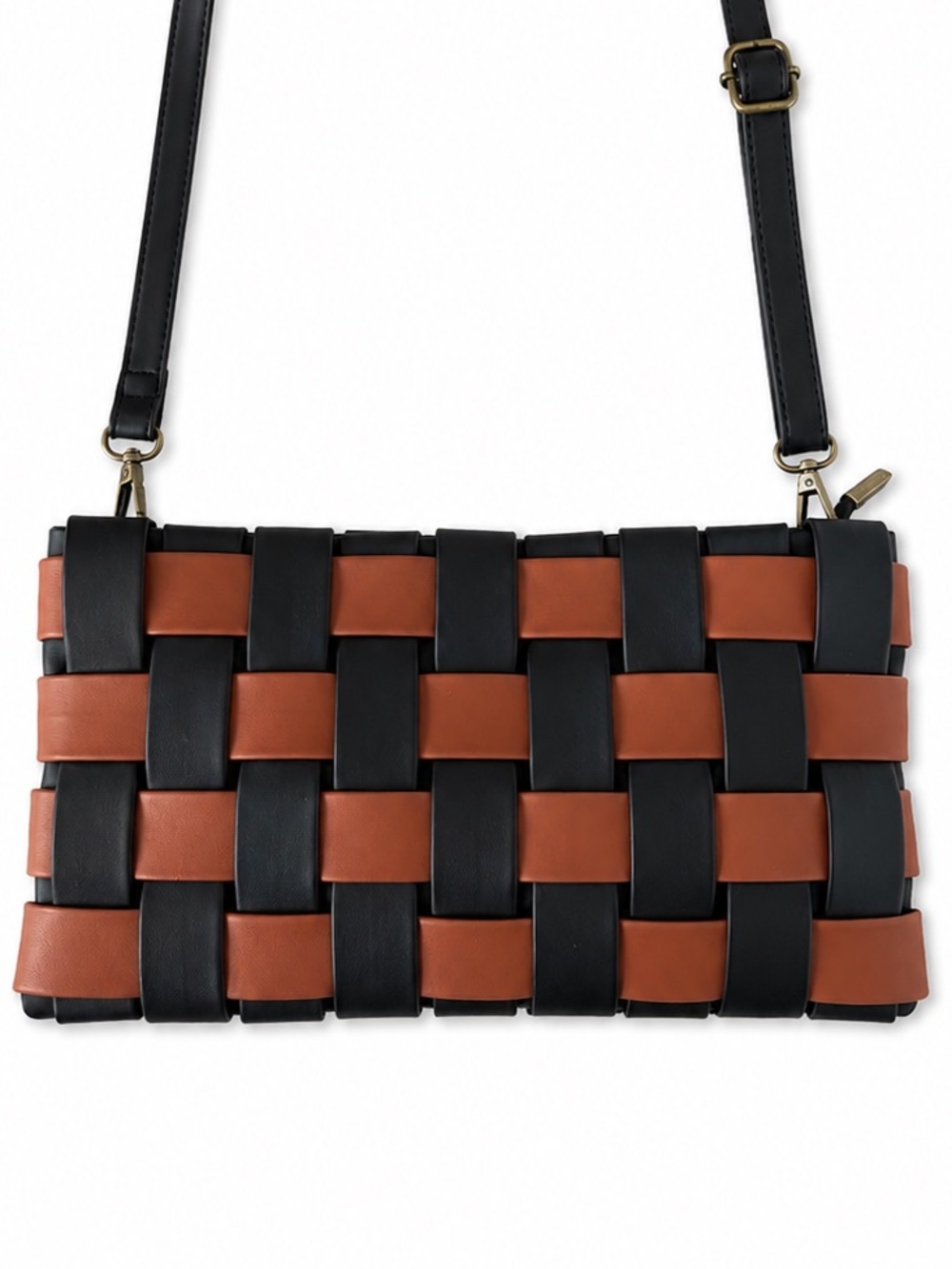 Anthropologie woven black and brown leather crossbody bag clutch purse